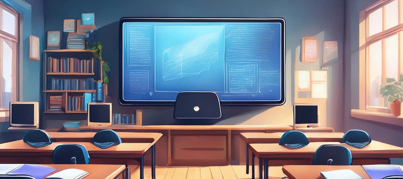 Classroom with computer displaying AI in the middle