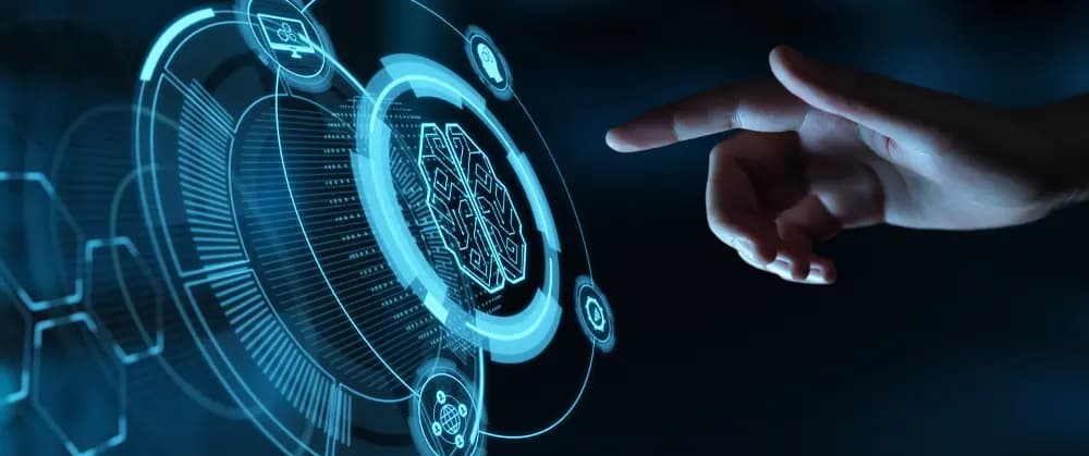 Hand in the moment about to touch a digital brain illustration