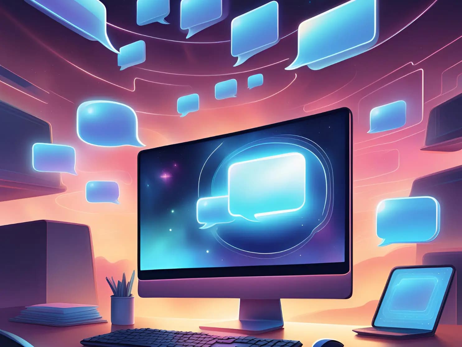 AI prompt bubbles and a computer screen