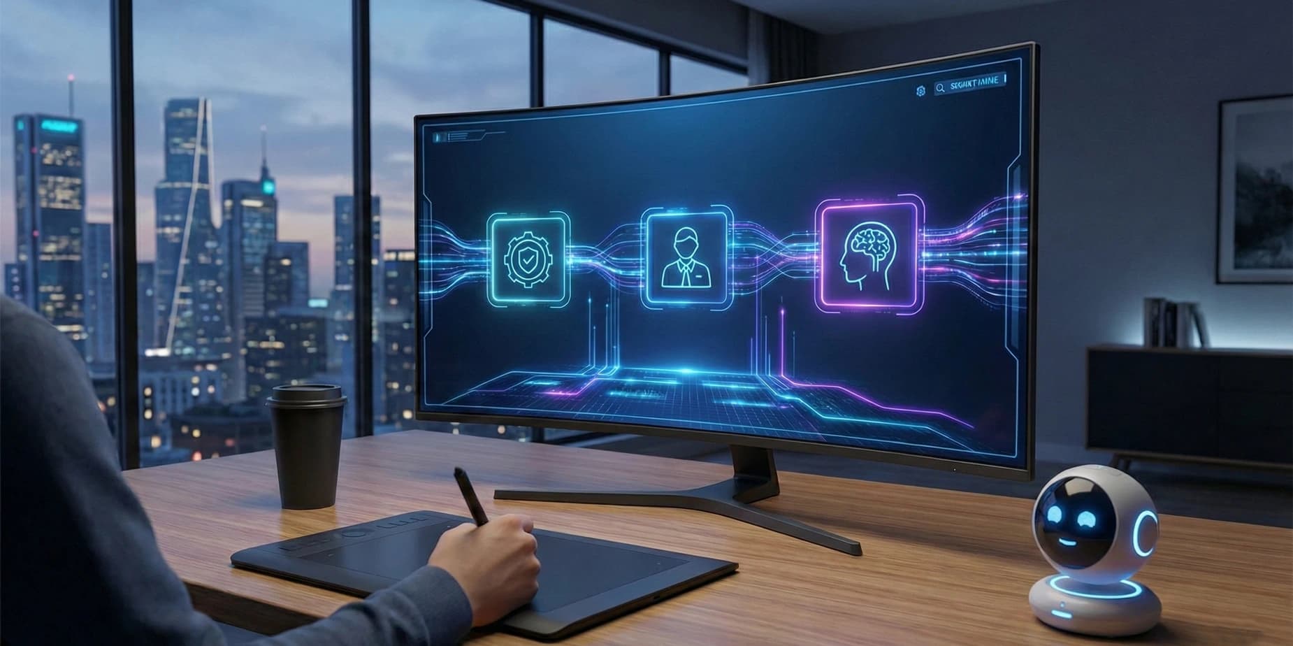 Individual Working on Desktop Screen Showing a Three Step Flow for Working with AI Content