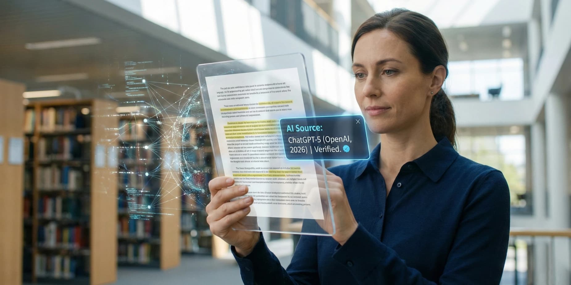 Woman Viewing an AI Generated Report in a Library, With a Graphic Showing the AI Generated Citation Information