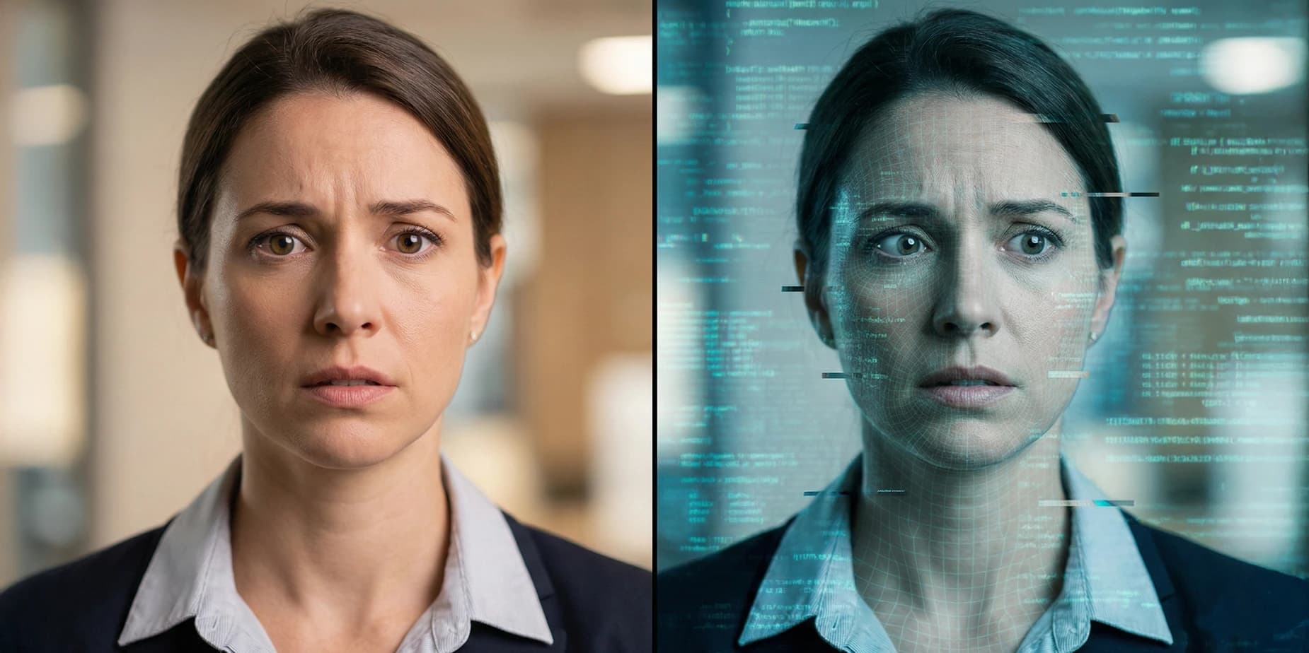 Side by Side Comparison of a Woman, On the Left is The Original Image, While the Right Shows A Realistic Deepfake Version