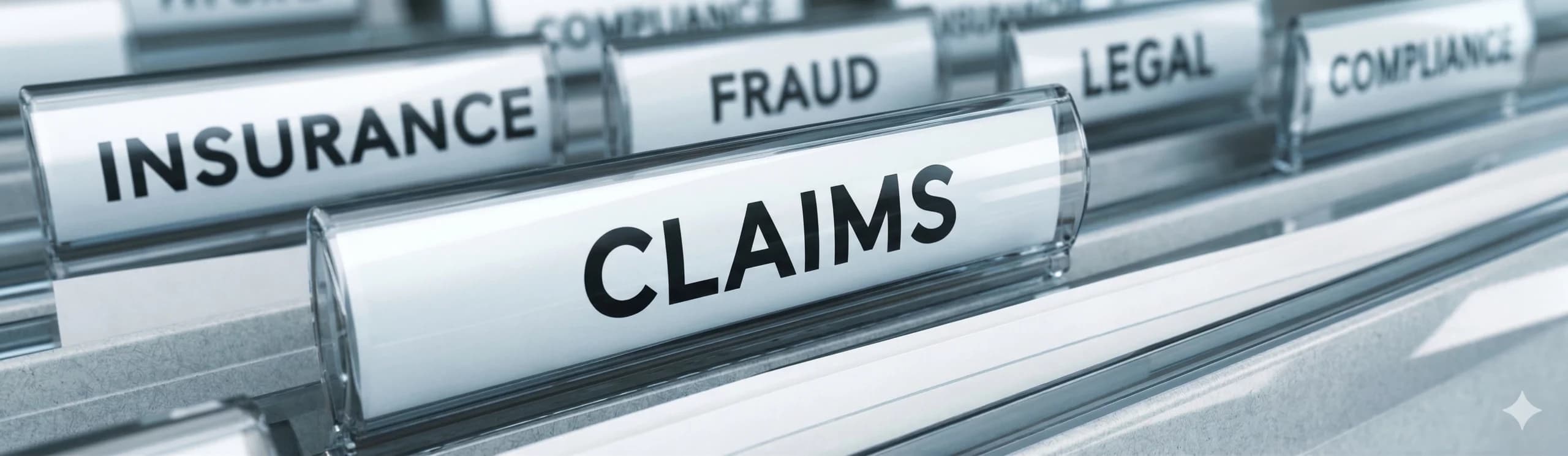 Close-up of a filing cabinet drawer with a prominent hanging folder tab reading "CLAIMS", surrounded by background tabs for "INSURANCE," "FRAUD," "LEGAL," and "COMPLIANCE."