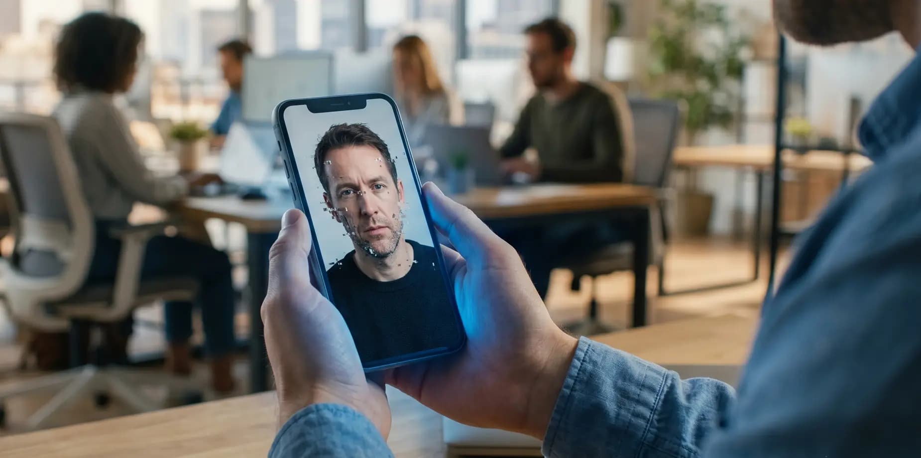 Man Holding a Smartphone Showing a Pixelated Deepfake of a Man