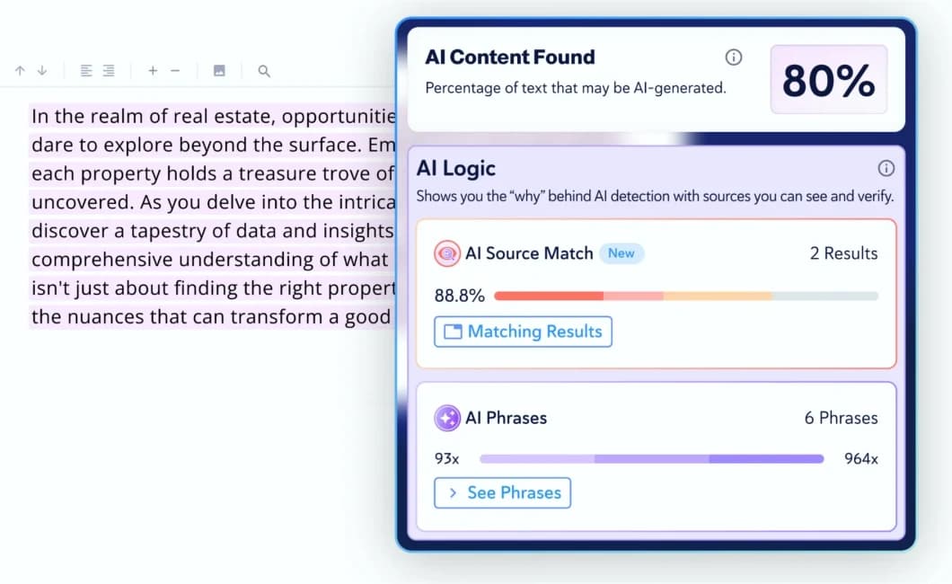 AI Logic panel showing AI Source Match and AI Phrases results beside the flagged text