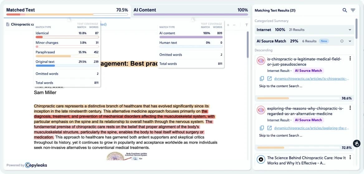Copyleaks report comparing matched text with its source and AI insights