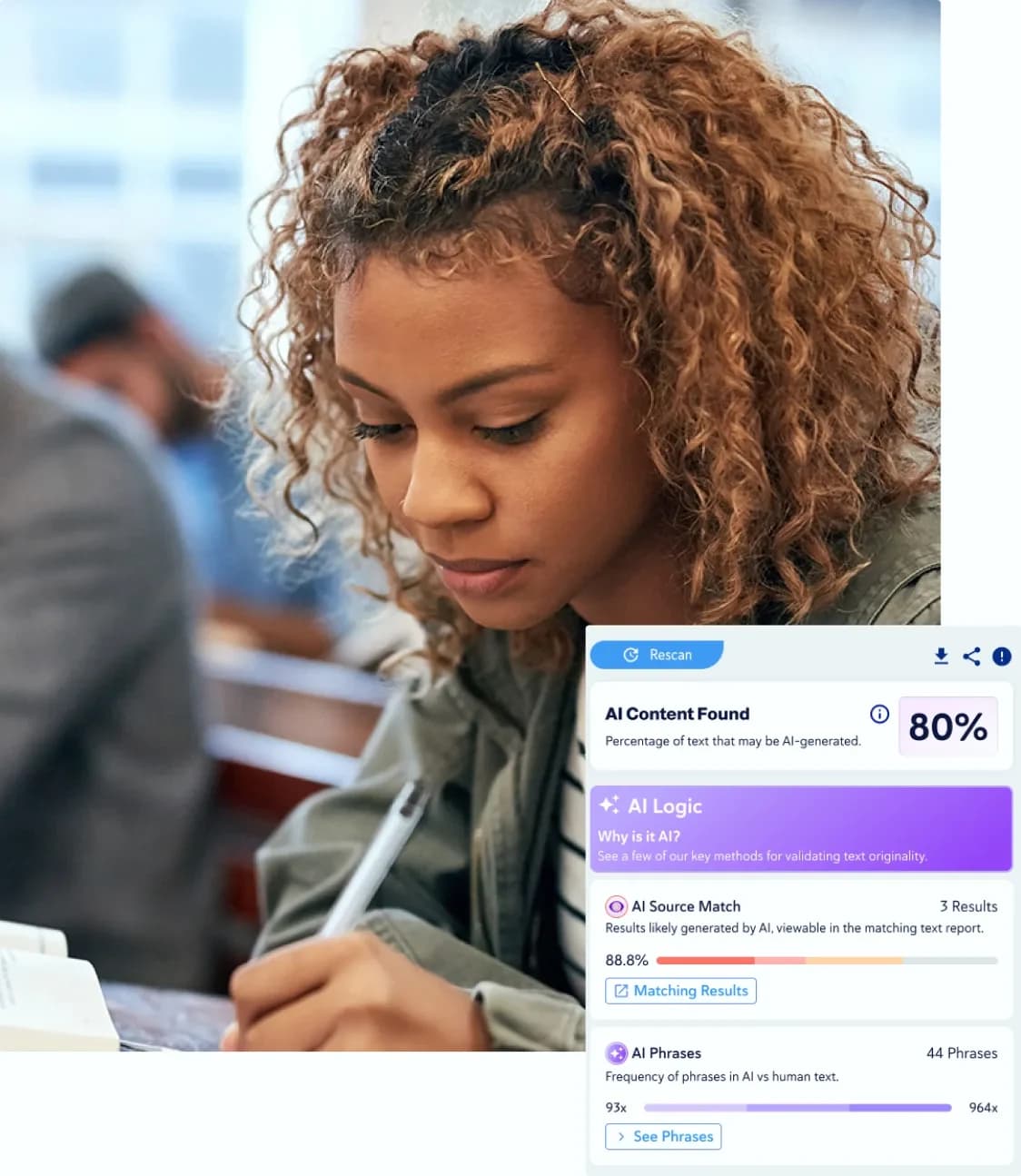 A student writing in a notebook beside the Copyleaks AI Logic report panel