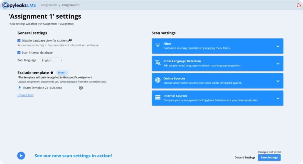 Assignment settings with an exclude template and scan settings