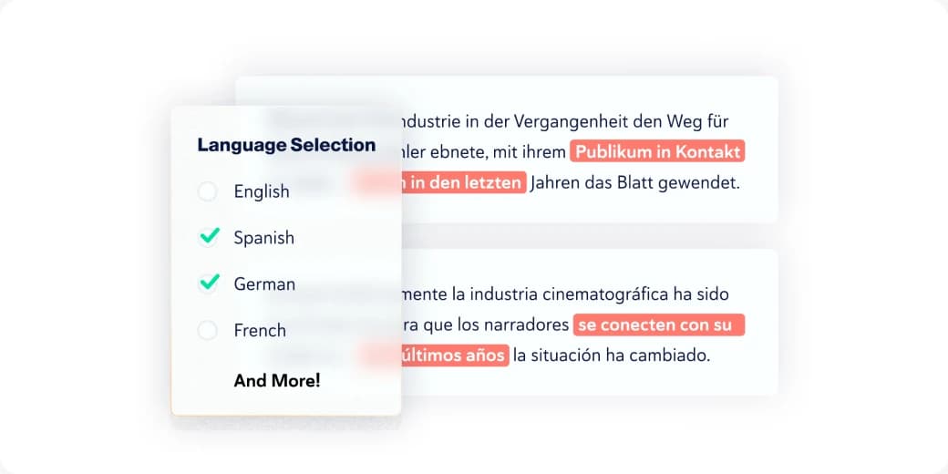 Language selection menu with Spanish and German matches highlighted in translated text