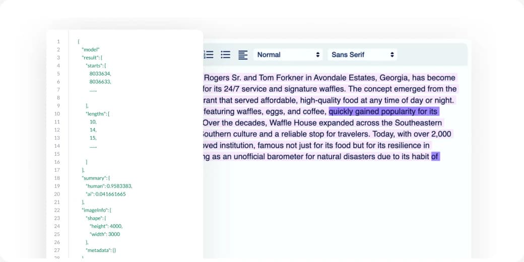 Metadata returned for a highlighted passage in a scanned document