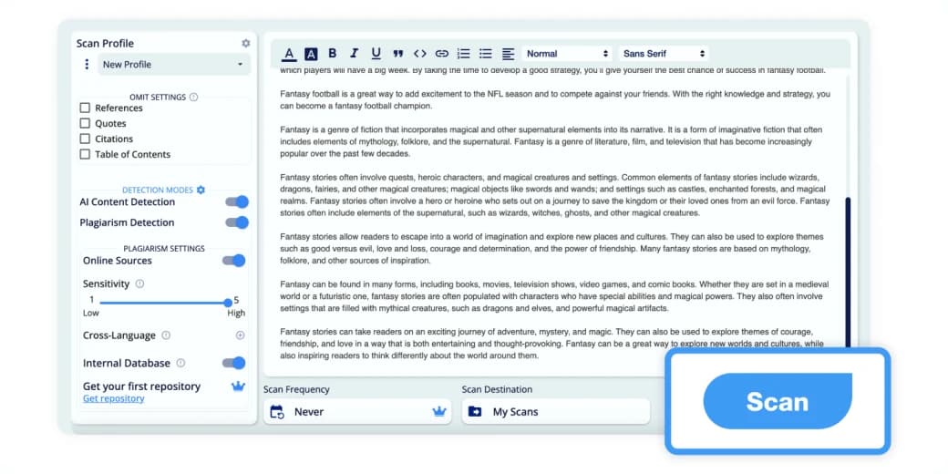 Scan profile settings next to a document, with the Scan button