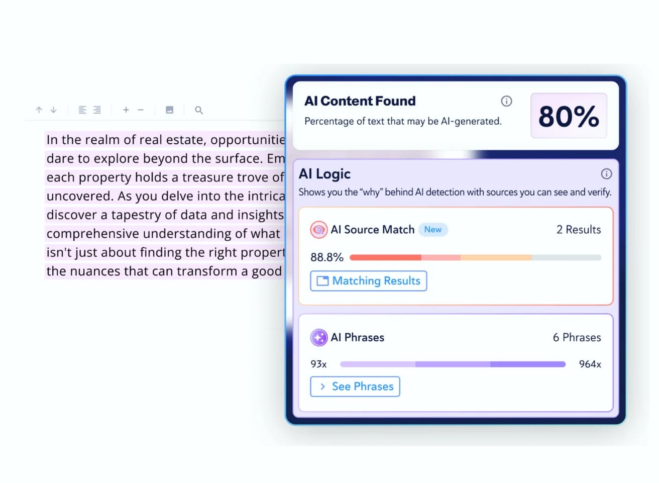 AI Content Found score of 80% with the AI Logic panel listing AI Source Match and AI Phrases results