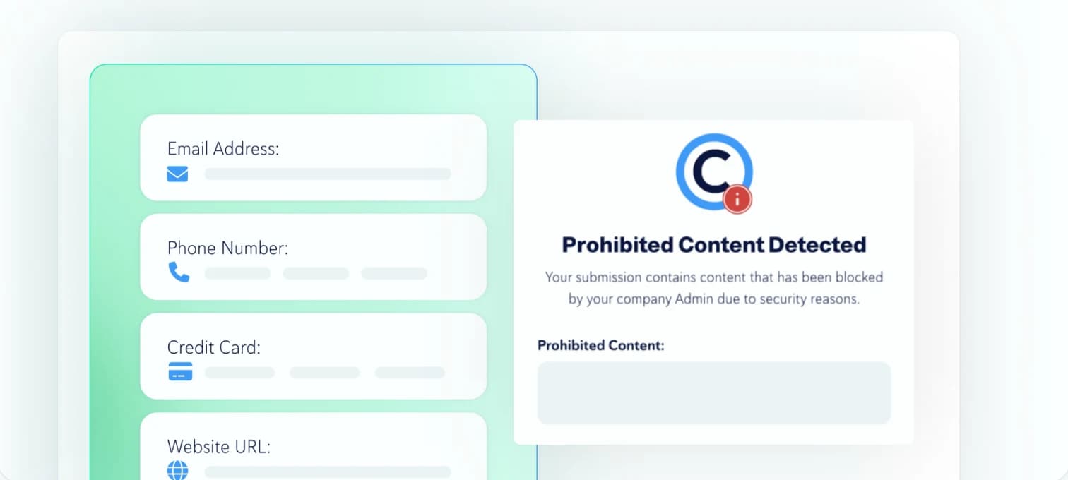 Form fields for email, phone, credit card and website next to a Prohibited Content Detected notice