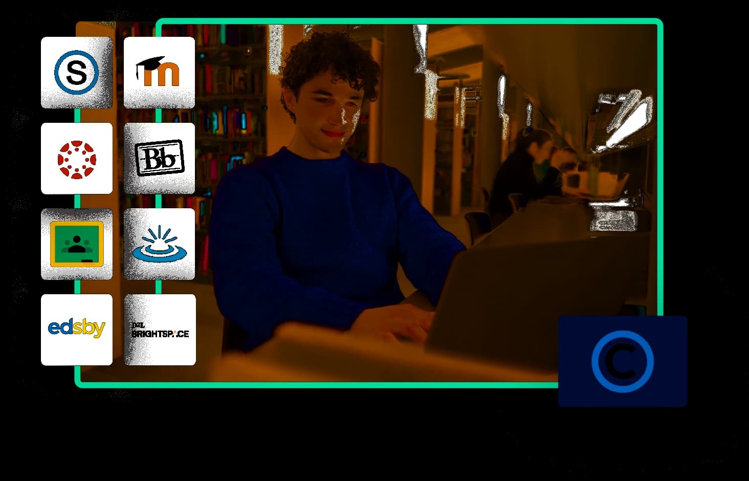 Student working on a laptop in a library, framed by the logos of the LMS platforms Copyleaks integrates with