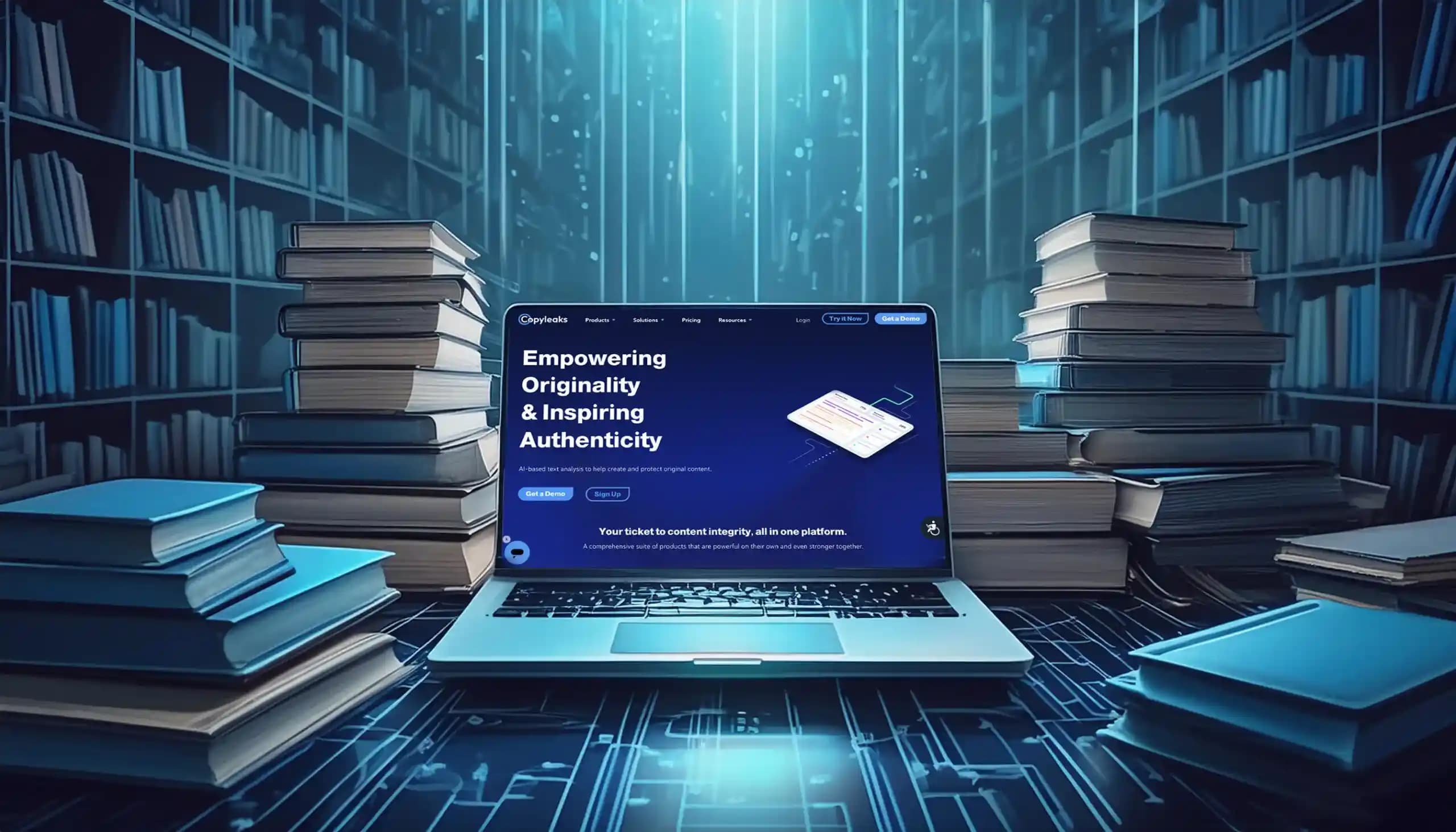 Graphic Showing Laptop Displaying The Copyleaks AI Detector Page Surrounded By Textbooks