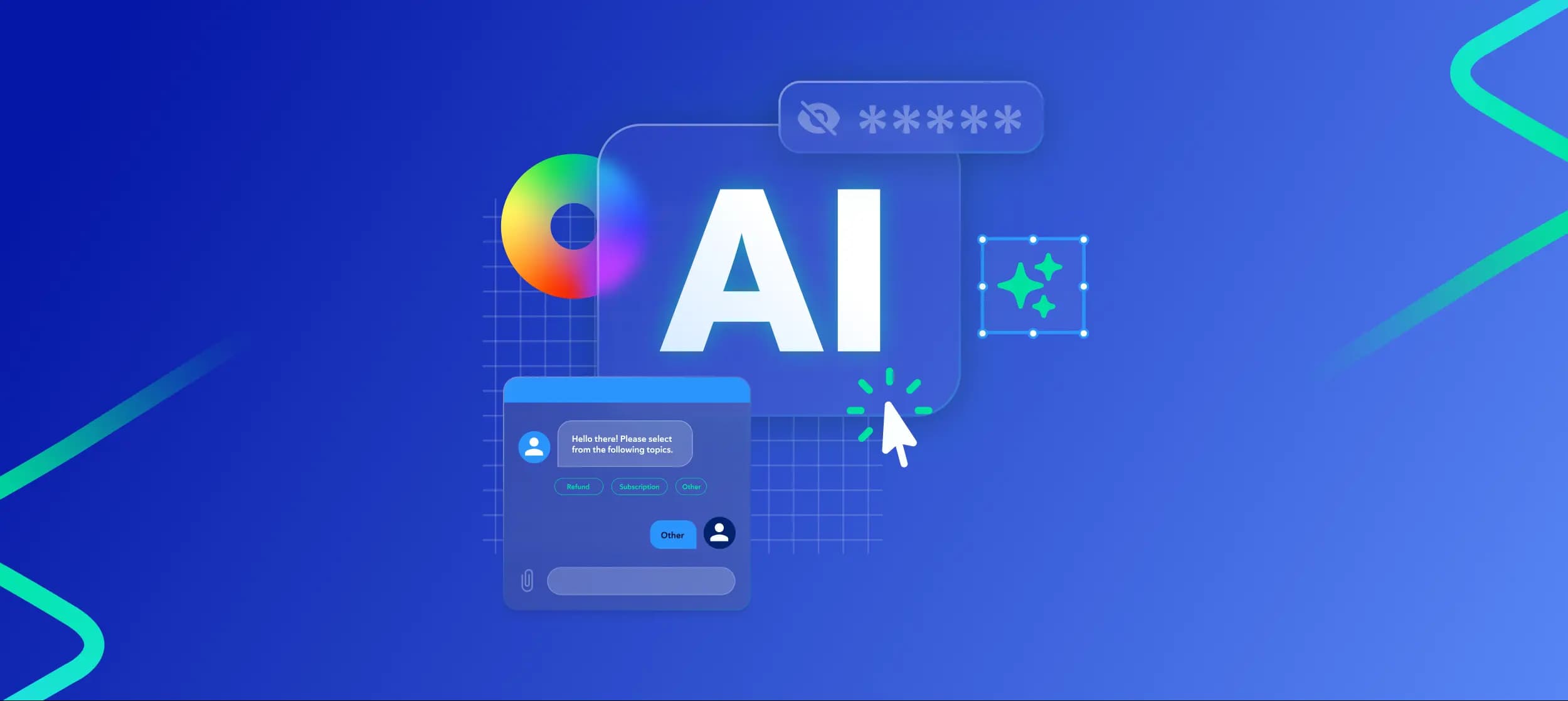 The word "AI" in a glassmorphic browser window, decorated with a color wheel, clip art of sparkles, password input UI window, and customer service window around it. A mouse is clicking on the "AI" browser.