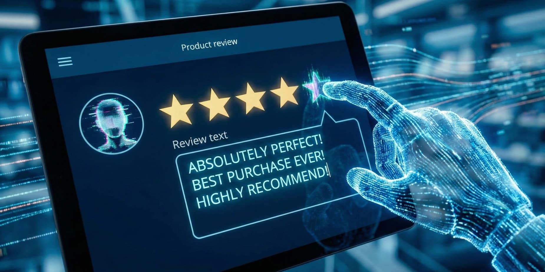 Example of Synthetic Feedback, Depicting a Synthetic Hand Typing an AI-Generated User Review on a Tablet Screen