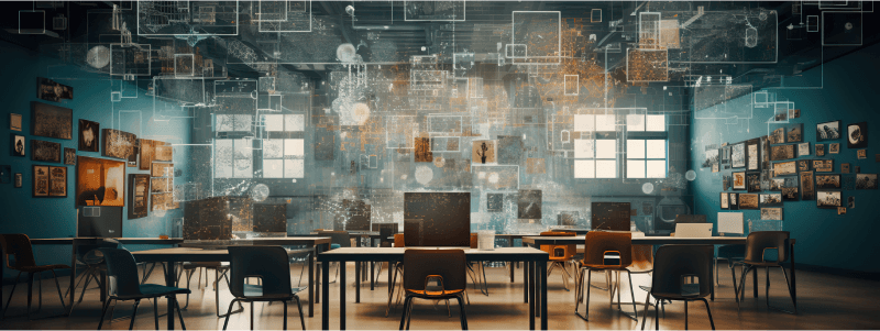 A Classroom with floating images signifying the use of AI