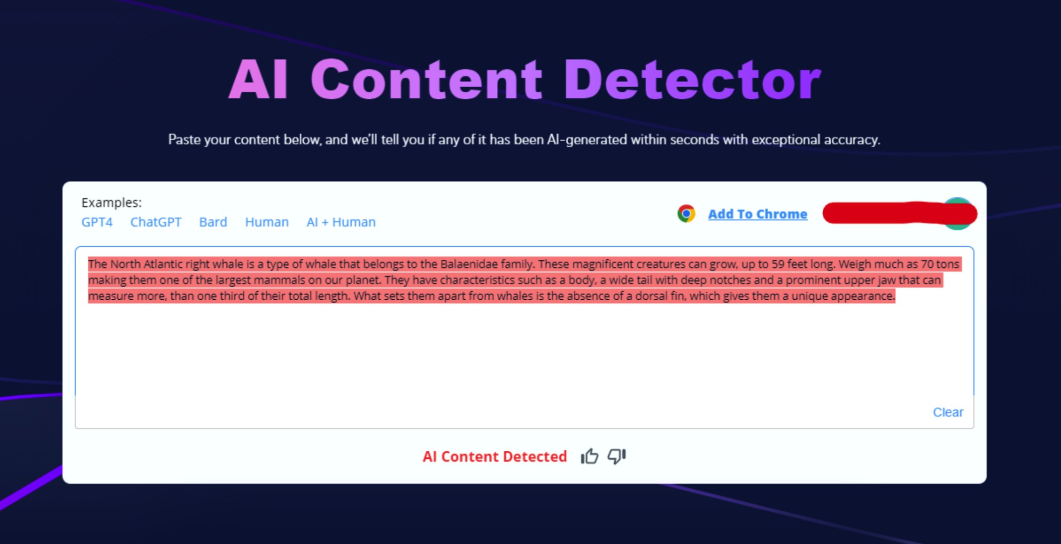 Screenshot of the Copyleaks AI Content Detector detecting the output as AI content