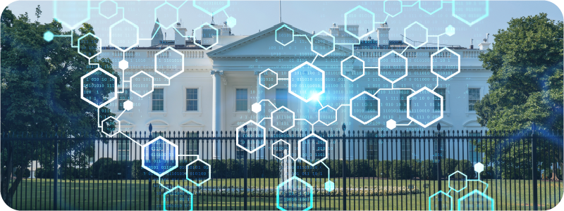 La Maison Blanche avec un dessin superposé d'hexagones pour représenter les éléments visuels de l'IA.