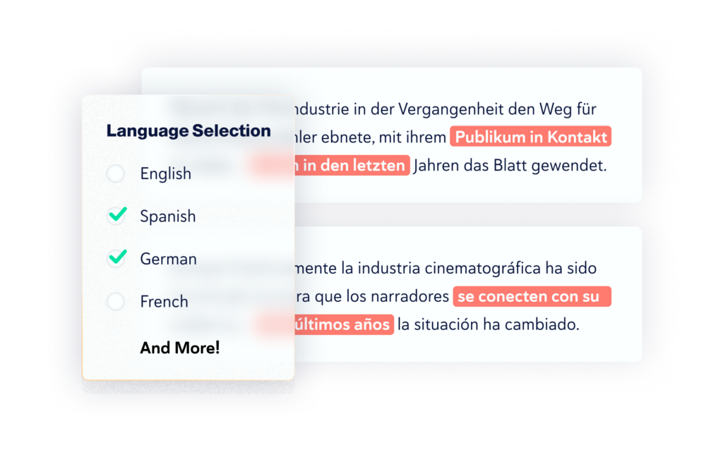 Graphic of the Cross-language detection, including two paragraphs being scanned for identical text in different languages. Overlapping them is a language selector box with Spanish and German being activated.