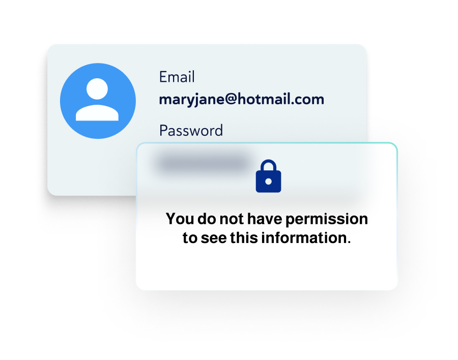 UI graphic of a user's email and password, with the password blurred out and a security notification on the front