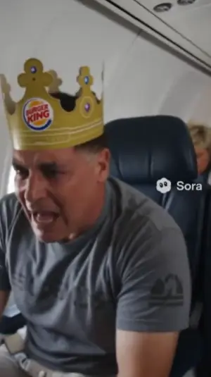 Edición de Sora de Mark Cuban en un avión con sombrero de Burger King