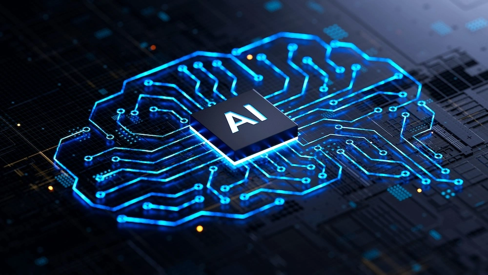 Circuit imprimé conceptuel avec puce d'IA illustrant une logique de détection d'IA transparente