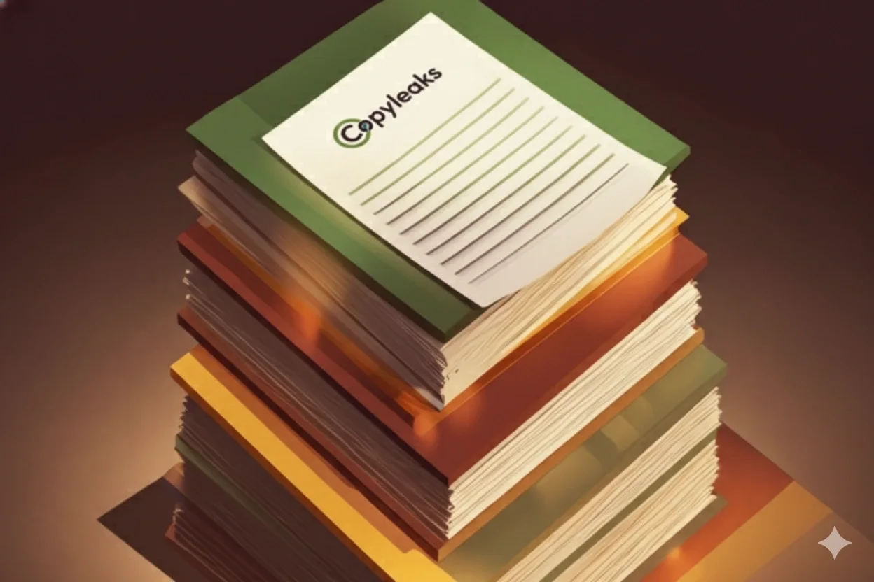 Pile de documents portant l'étiquette Copyleaks représentant la méthodologie de test pour la précision et la fiabilité du détecteur de contenu IA
