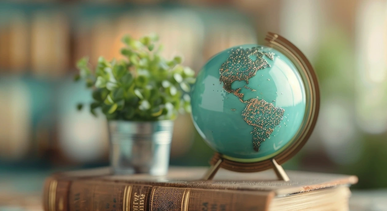 Globe sur une pile de livres illustrant le taux de précision élevé d'un détecteur d'IA pour le contenu non natif en anglais