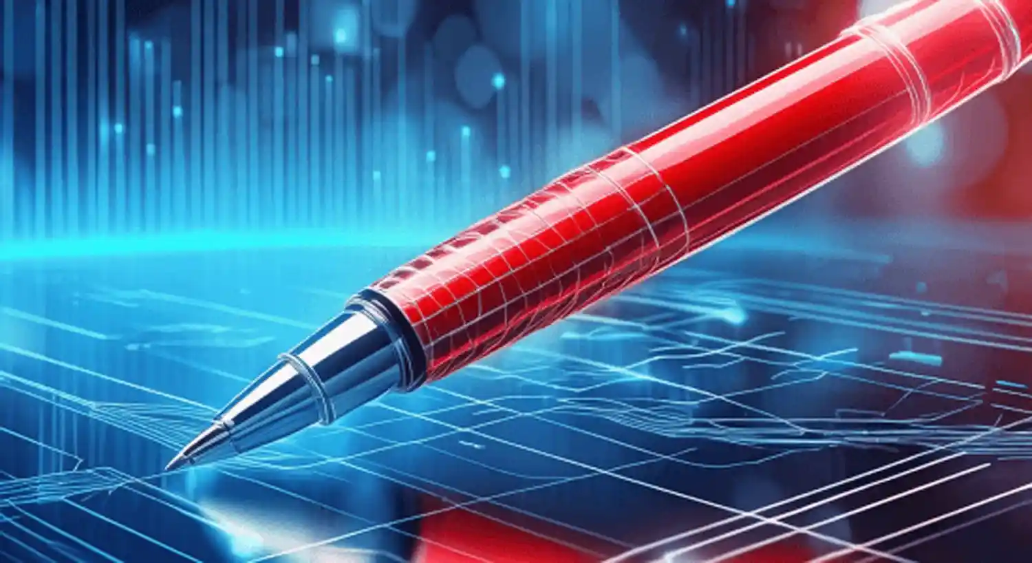 Stylo rouge stylisé avec des lignes bleues numériques représentant des assistants d'écriture et un système de détection par IA signalant le contenu