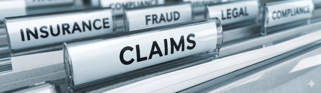 Close-up of a filing cabinet drawer with a prominent hanging folder tab reading "CLAIMS", surrounded by background tabs for "INSURANCE," "FRAUD," "LEGAL," and "COMPLIANCE."