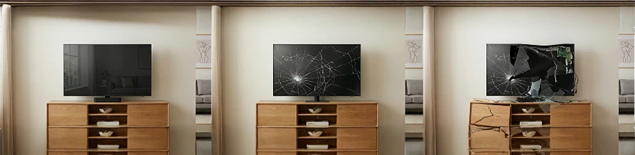 Rasterförmiges Bild mit drei Fernsehern unterschiedlicher Schadensstufen