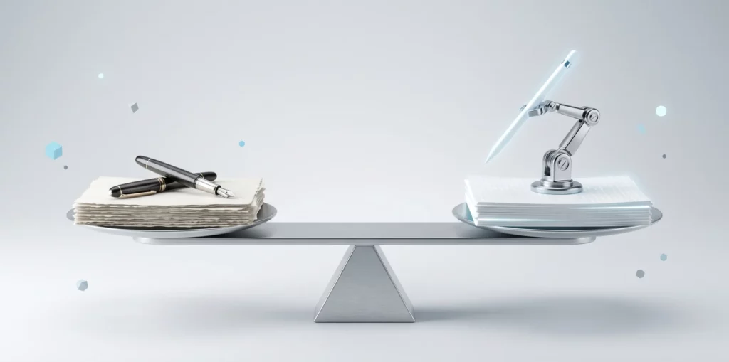 A conceptual photograph of a balanced scale comparing traditional human writing (fountain pen and paper) on one pan to modern AI-assisted writing (robotic arm and stylus) on the other.