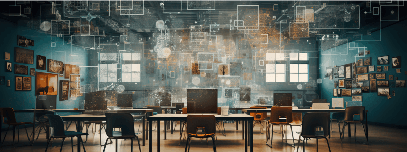 A Classroom with floating images signifying the use of AI